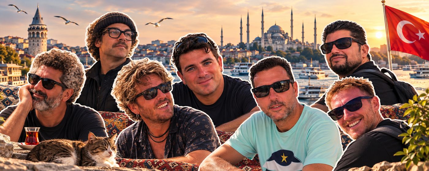 Los siete amigos del viaje sobre una vista de Estambul al atardecer, con la torre de Gálata, la Mezquita Azul y el Bósforo.